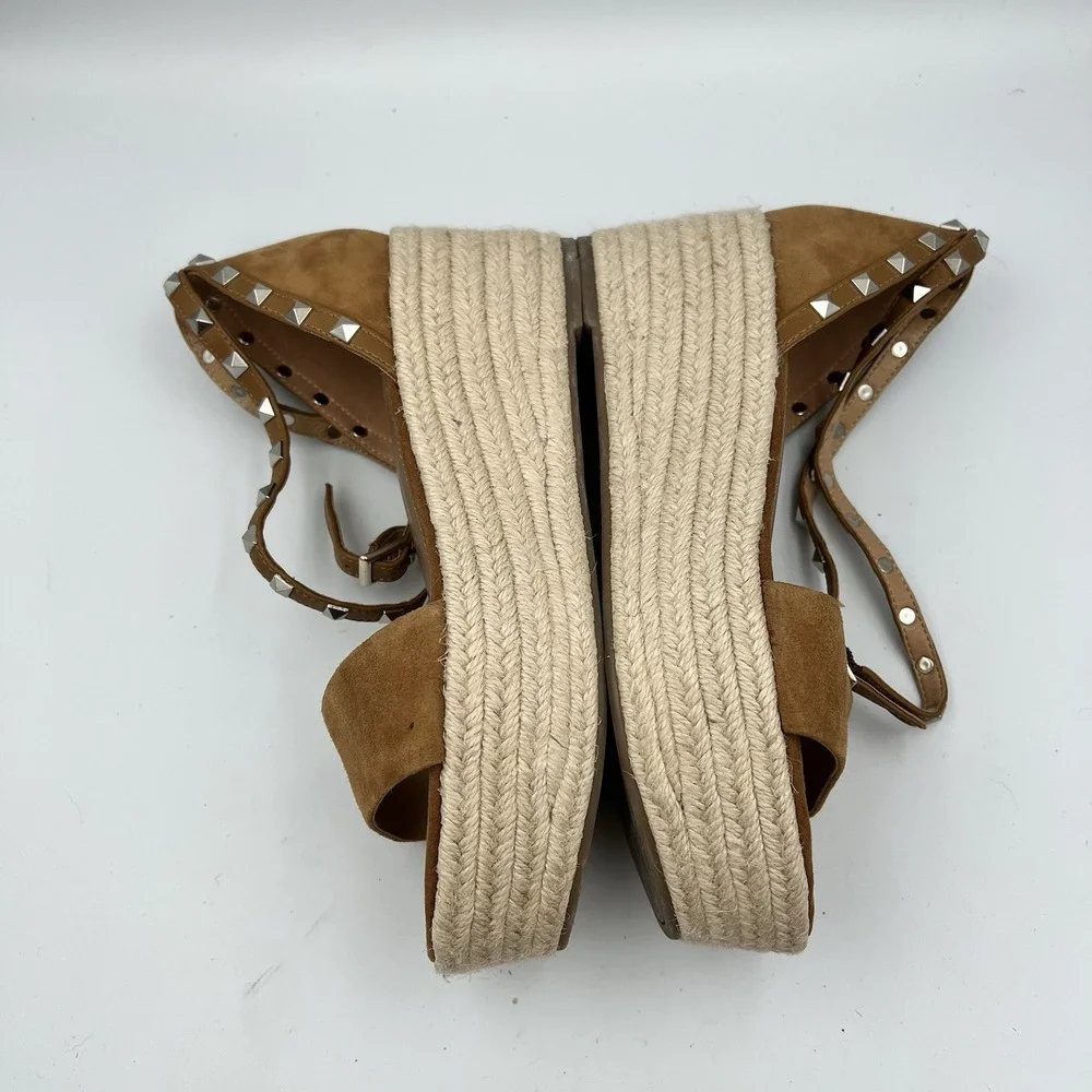 Marc Fisher Jazlyn Espadrille Wedge Sandals Studded Brown Tan Suede Women's 7M